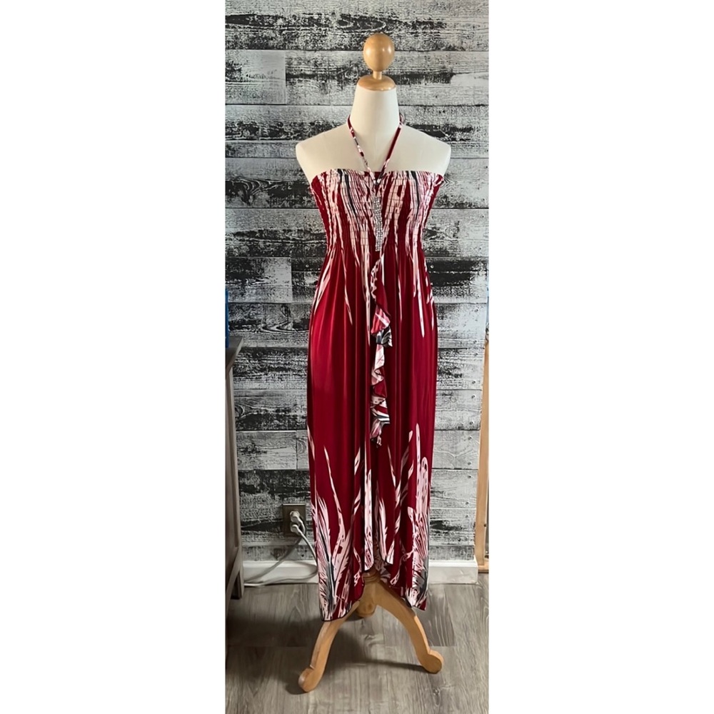 Red and white Hawaiian style dress with strings to tie around neck.